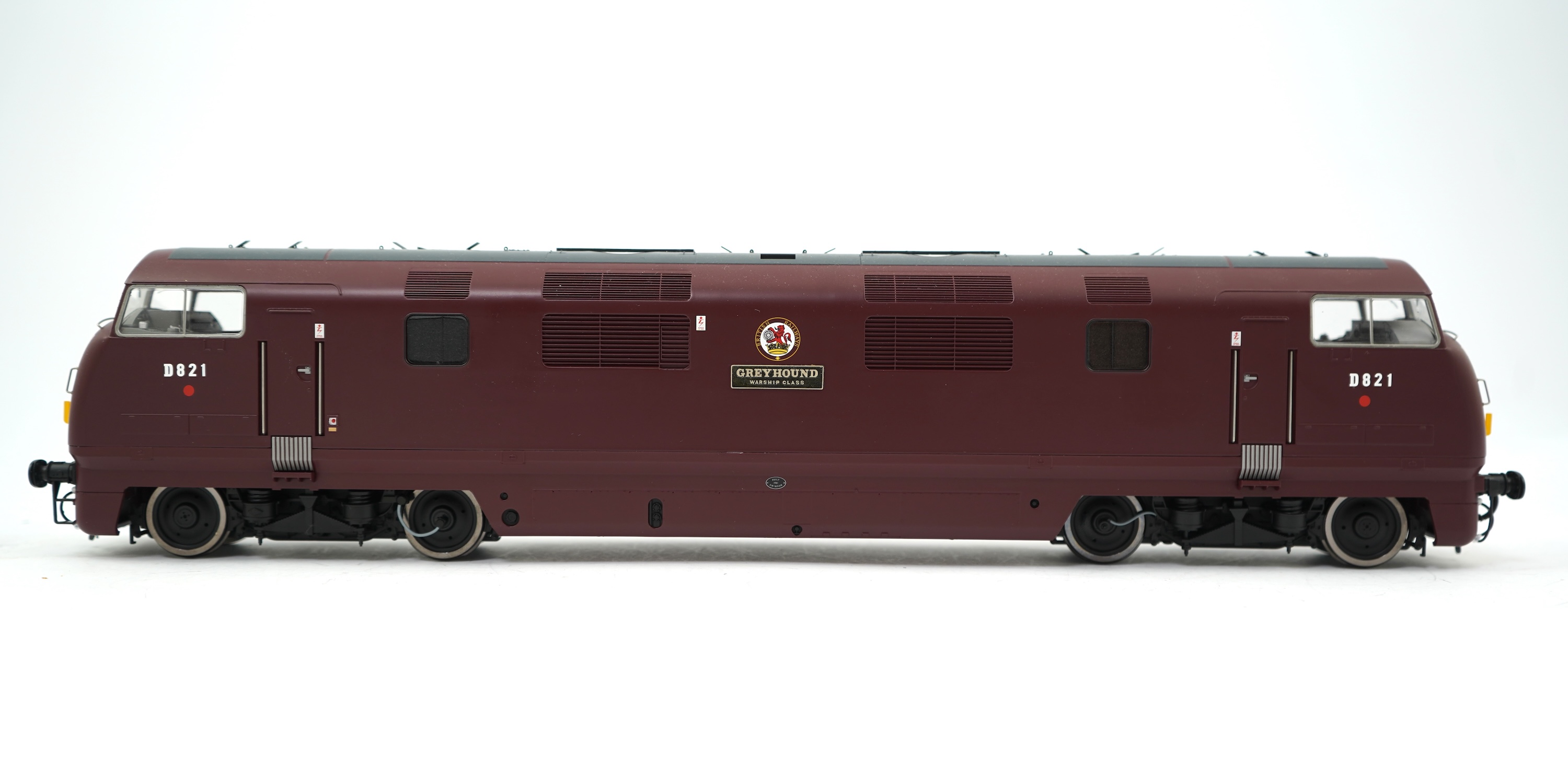 An 0 Gauge Heljan model of BR Warship Class Greyhound D821 Bo-Bo diesel hydraulic locomotive, powered for two rail operation, with original box and operating leaflet.